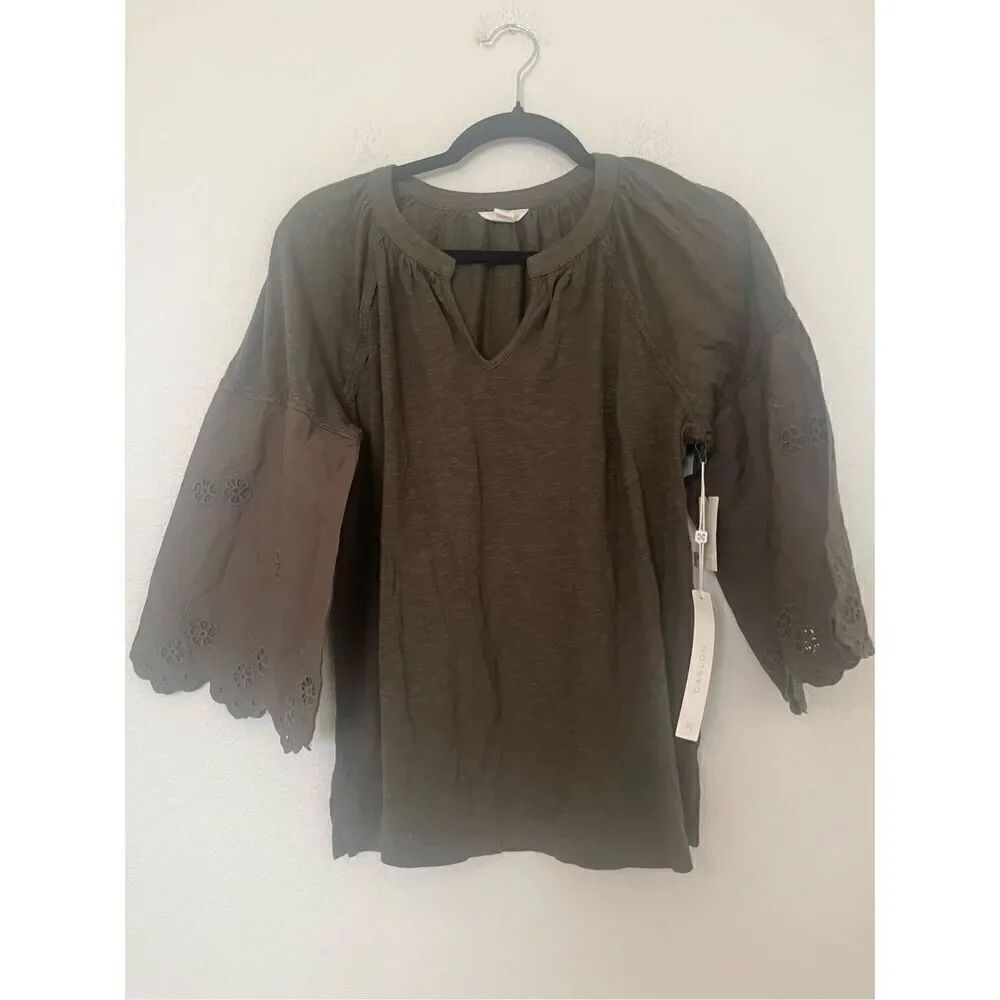 Caslon Floral Eyelet Woven Sleeve Slub Knit Top Olive NEW NWT